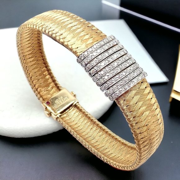 Authentic! Roberto Coin 18k Yellow Gold 9 Row Diamond Silk Weave Bracelet - Picture 14 of 16